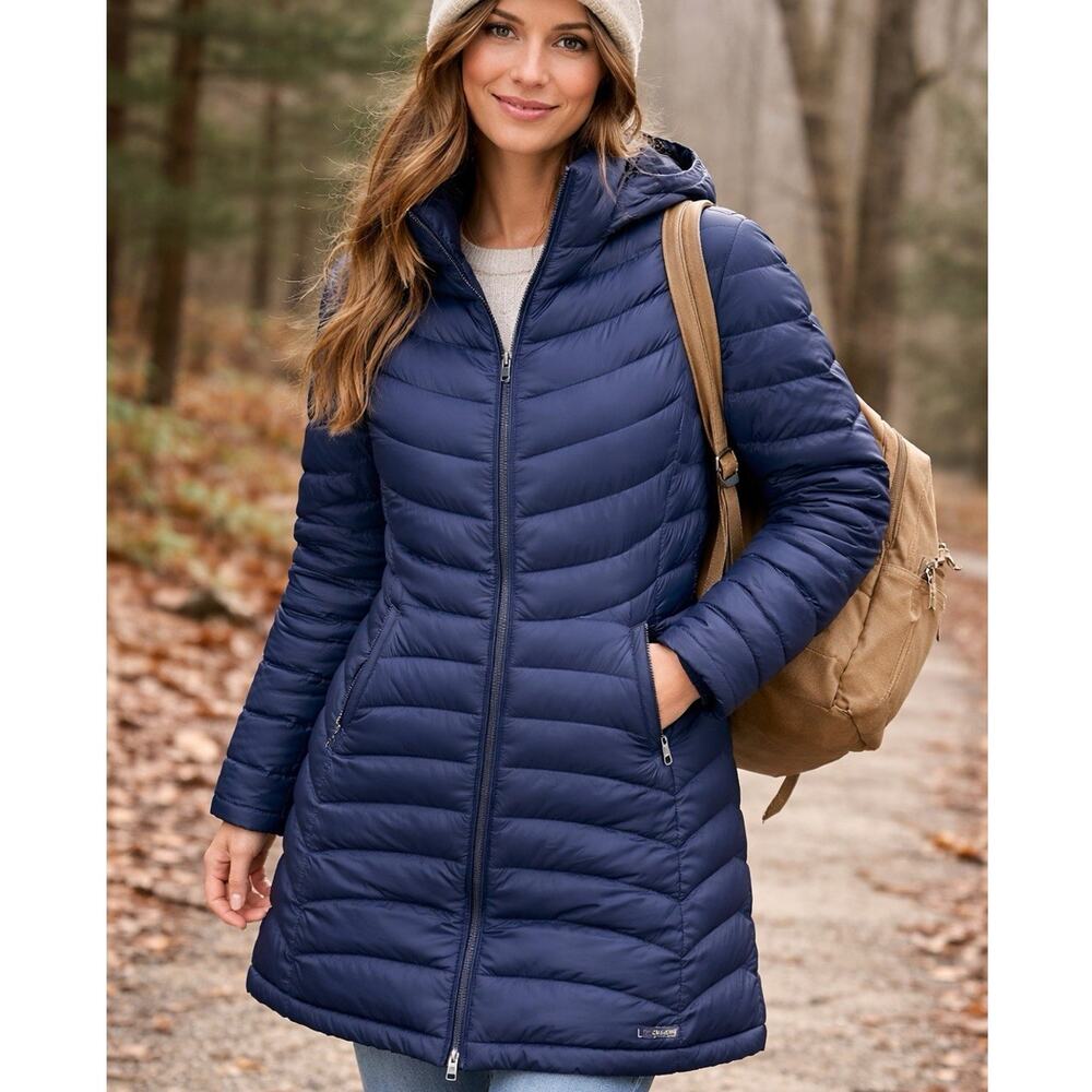 L.L.Bean 850 DownTek Long Puffer Coat Women’s Large Blue Goose Down Jacket